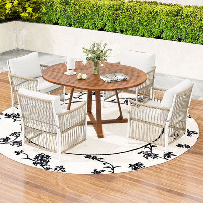 5Pcs Outdoor Extendable Round Dining Set with Acacia Wood Table and 4 Cushioned Rattan Armchairs