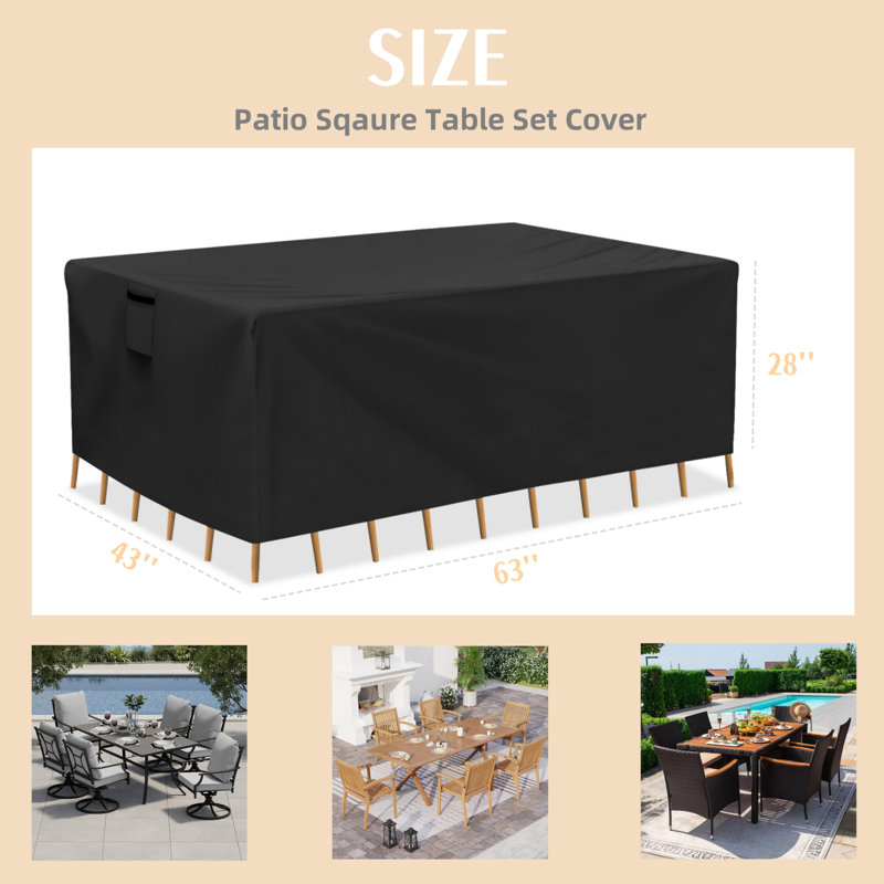 Patio Furniture Cover, Waterproof & Anti-UV Patio Sqaure Table Set Cover, Easy to Use and Care, Black, 28" H x 63" W x 43" D