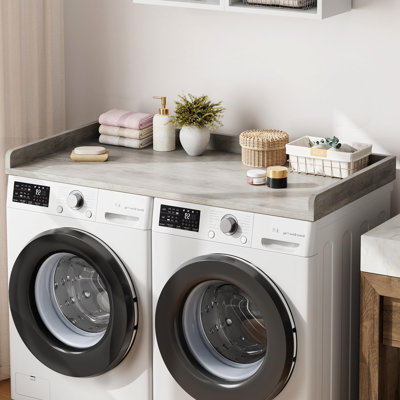 Space-Saving 2-Tier Wooden Laundry Shelf - Washer Dryer Countertop Organizer with Edge Rails & Non-Slip Pad, Easy Assembly, Ideal for Storage & Folding, 54.3" x 27.6", Grey