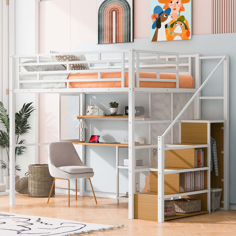 Lit mezzanine double en métal avec garde-robe, bureau, tablettes de rangement, blanc