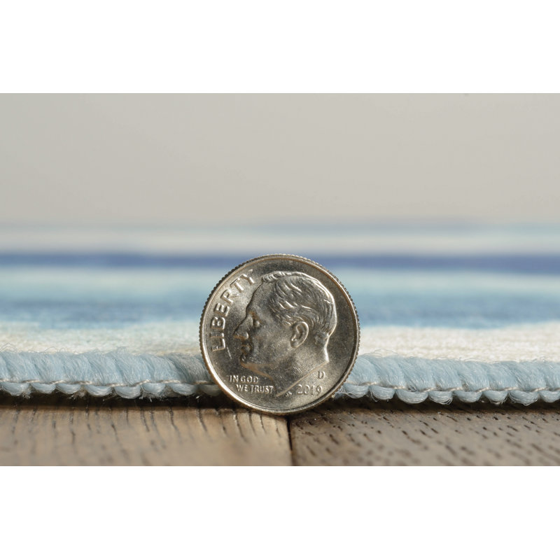 Apopka Watercolor Stripe Ivory and Blue Indoor Outdoor Machine Washable Area Rug, Rectangle 3' x 5'