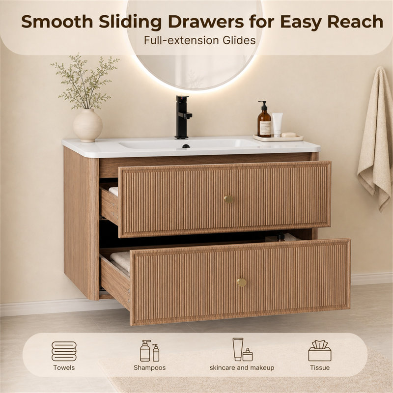 Meuble-lavabo mural simple de 91 cm (36 po) seulement, de style moderne du milieu du siècle, en bois cannelé avec coins arrondis, 2 tiroirs à fermeture douce