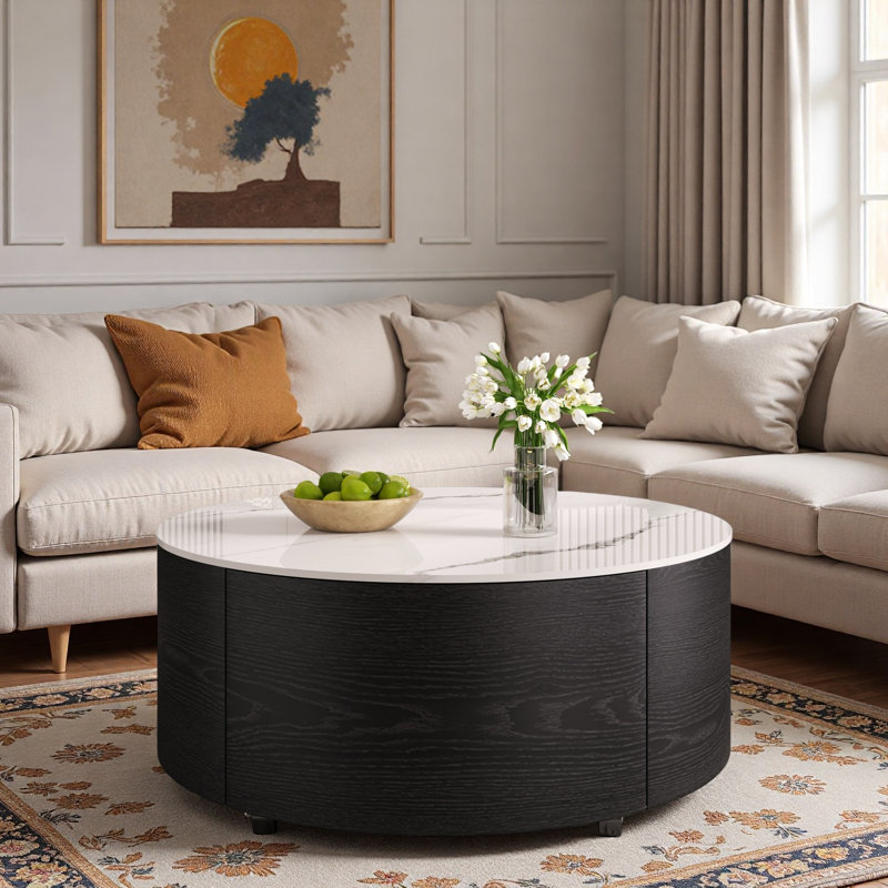 Table basse moderne et mobile avec roulettes, 2 tiroirs et plateau en marbre fritté, Noir