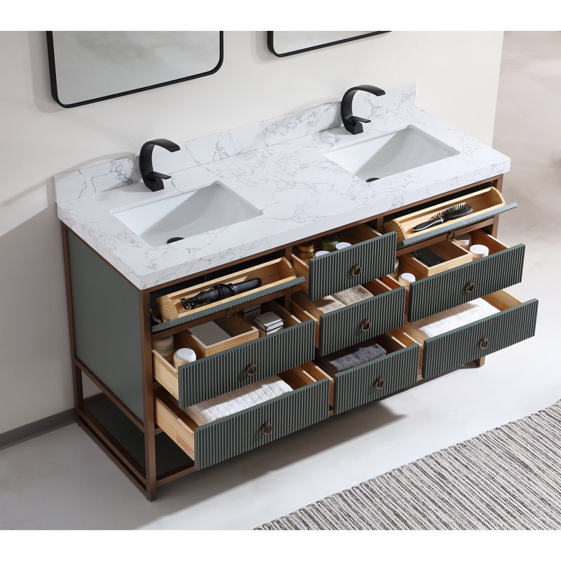 72" Double Vanity With Golden Brush Stainless Steel Frame And Tricorn Black Finish With 2' Thick Black Natual Stone Top, Gray