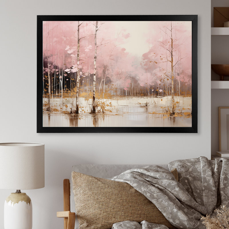 «Minimalisme rose et forêt dorée I», art sur toile, Cadre simple noir, H 24 po x l 32 po x P 1 po