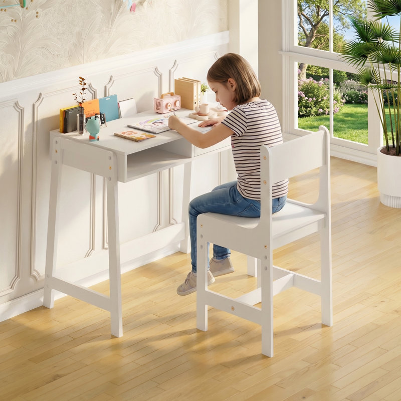 Ensemble de bureau et de chaise pour enfants à hauteur réglable, table d'étude pour enfants en bois massif avec tiroir de rangement et compartiment ouvert, poste d'écriture blanc pour tout-petit pour chambre à coucher