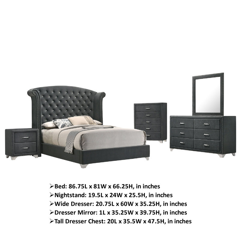 Ensemble de chambre à coucher 5 pièces Giya, Gris / Chrome, Grand lit