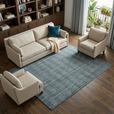 Tapis tissé à la main en laine bleu et ivoire 8 pi x 10 pi
