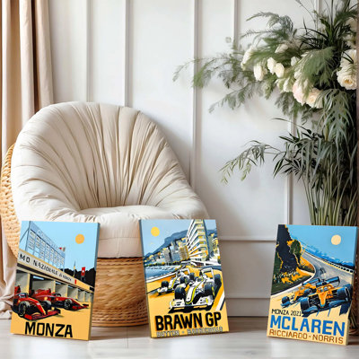 Ensemble de 3 affiches encadrées sur le thème de la Formule 1, imprimées sur le circuit de Monza à Monaco. Décor rétro idéal pour la maison, le bureau ou le garage. Cadeau parfait pour les passionnés d'automobile. Illustration moderne de haute qualité.