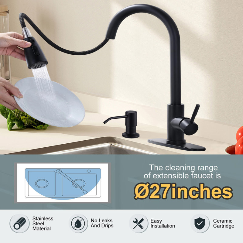Kitchen Faucet With Soap Dispenser, Stainless Steel Pull-Down Faucet, Single Handle High Arc Kitchen Faucet., Black