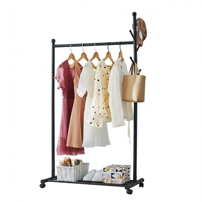 GarveeHome 4 in 1 Corner Hall Tree Shoe Storage – Space-Saving Freestanding Metal Organizer with 4 Mesh Shelves & 6 Movable Hooks – Practical Entryway Storage Rack for Bedroom, Home Office, Black