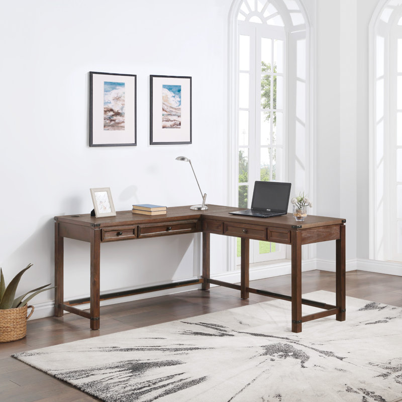 Bureau en L à hauteur ajustable avec prises Dwanda, Brun