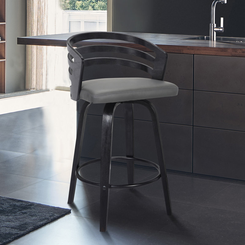 Dawit Swivel Faux Leather Counter & Bar Stool with Wood Legs and Metal Footrest, Counter Stool (26" Seat Height), Black