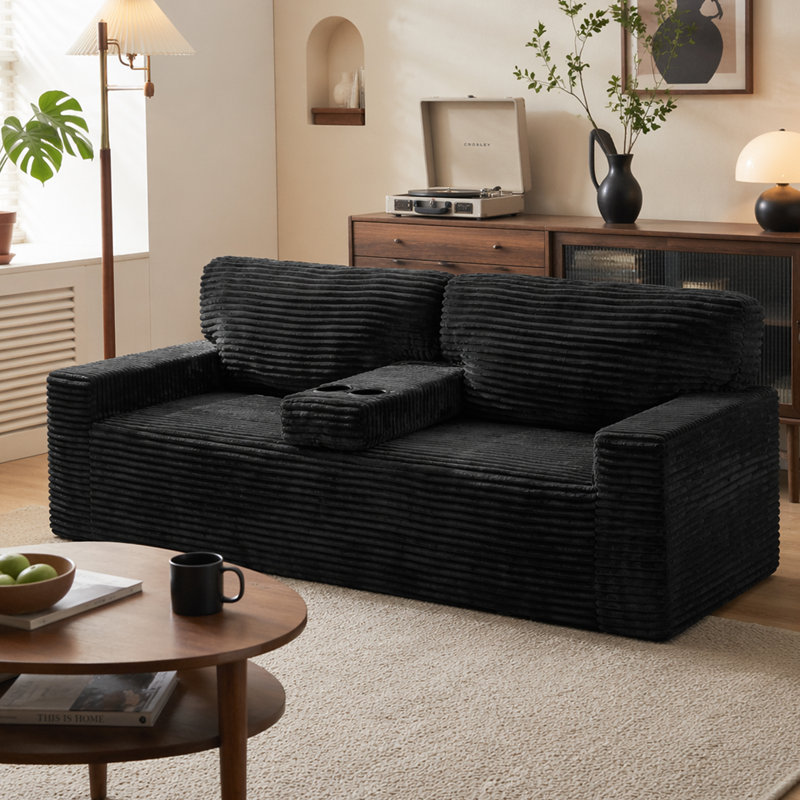 Canapé à compression 91,7 po sans pattes, velours côtelé moelleux avec porte-gobelets intégrés et poche de rangement latérale pour le salon