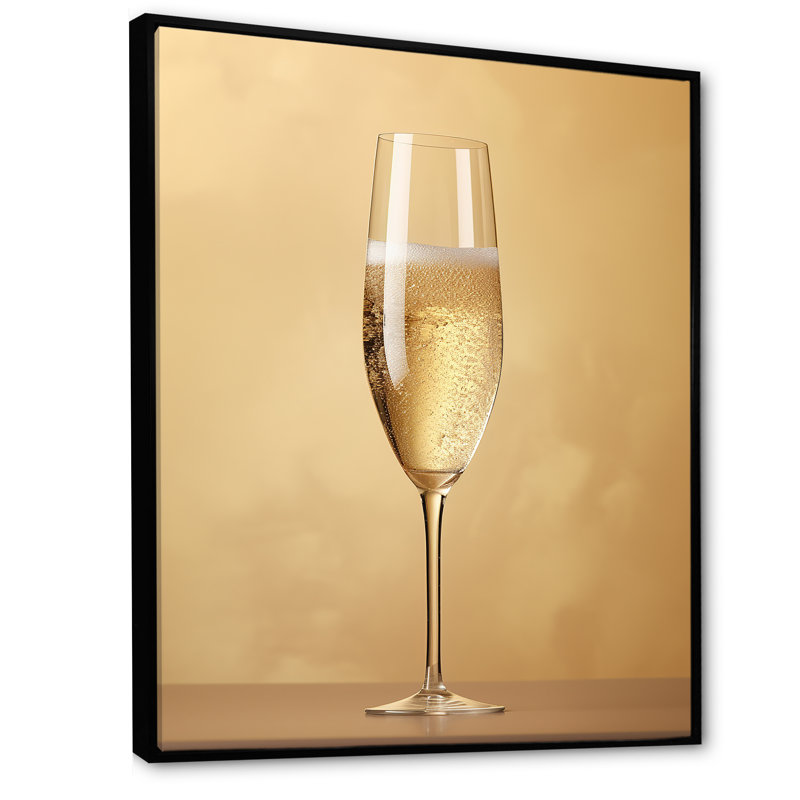«Fragility Golden Champagne I» - Décoration murale vin et champagne, Cadre flottant noir, H 32 po x l 24 po x P 1 po