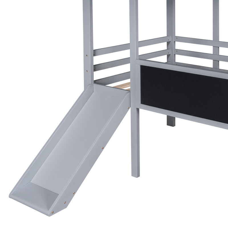 Lit mezzanine simple avec glissade en bande grise de style maison sur le toit, pour enfants de 6 ans et plus, glissade grise pour lit simple, toit captivant pour plus de 6 ans