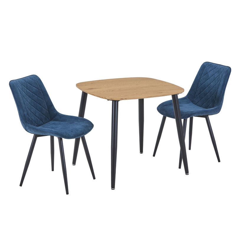 Aspen 3-Piece Casual Dining Set - Square Dining Table & Two Upholstered Diamond Fabric Chairs, Light Oak, Blue