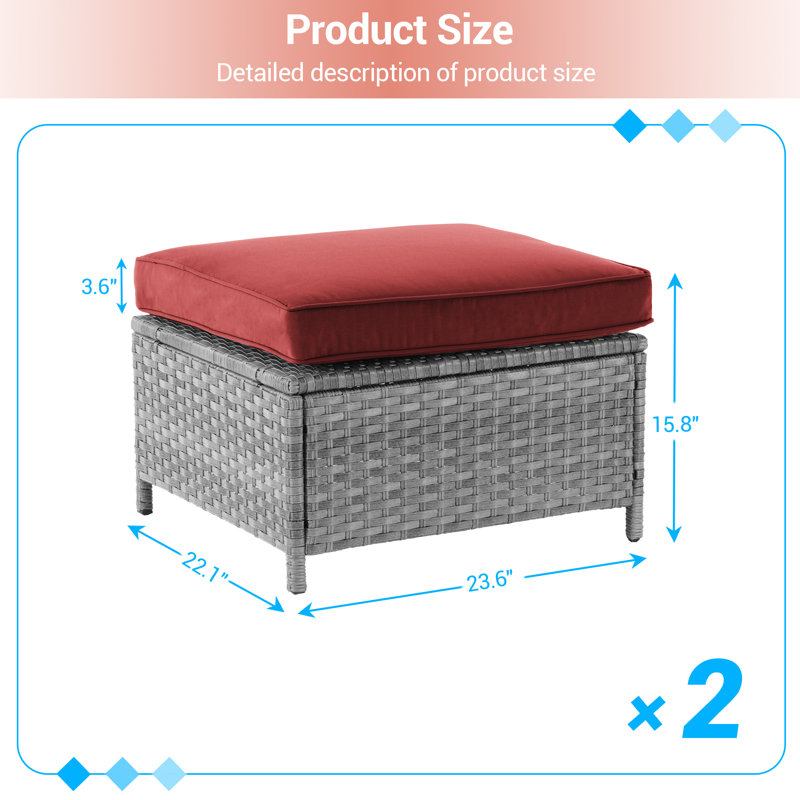 2 repose-pieds en rotin de patio 2 pièces, repose-pieds en osier d'extérieur avec coussin amovible et structure en acier