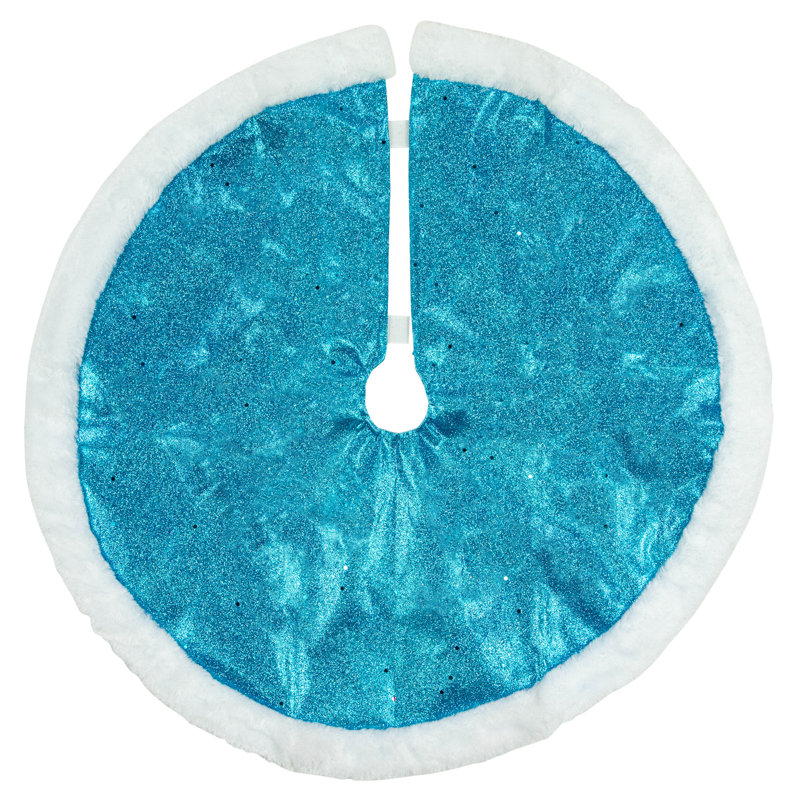 20" Blue Glittered Mini Christmas Tree Skirt with Faux Fur Trim