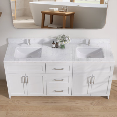 66'' W X 22'' D Engineered Stone Carrara White Vanity Top Double Sinks Centre Drain Bathroom Countertop Rectangular Undermount Ceramic Sink with Double Pre-drilled Faucet Holes & 4 In. H Backsplash