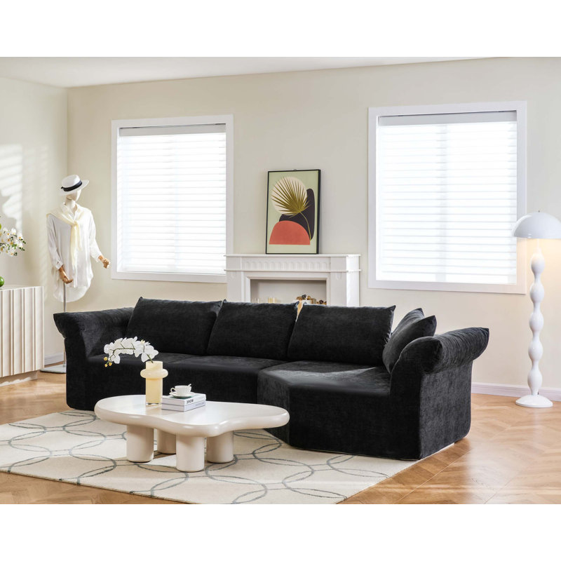 Canapé modulaire moderne avec accoudoirs larges et coins courbés, Tissu noir, Orienté à droite