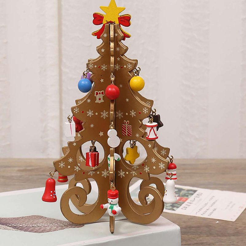 Ensemble d'arbre de Noël en bois avec mini décorations, Or
