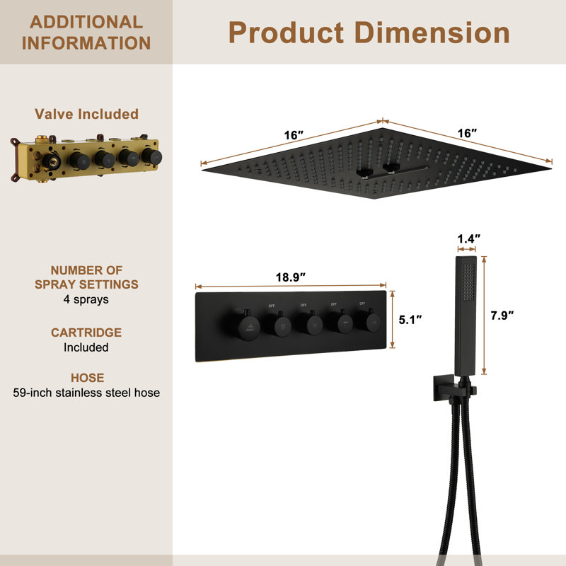Camino 4-Function Luxury 16 Inch Thermostatic Rain Shower Set with Remote Control 64 Color Lights, Matte Black