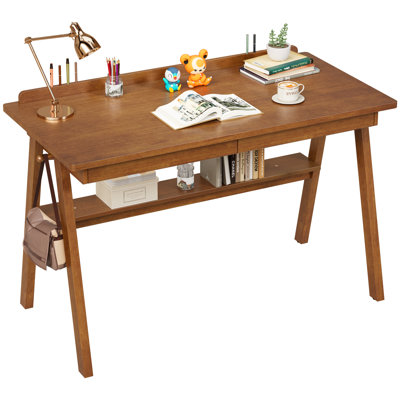 100% Solid Wood Desk With Drawers & Storage Shelf - 48 X 24 Inch Mid Century Modern Desks, Vintage Writing Desk With Deeper Desktop, Home Office Computer Desks For Bedroom & Home-walnut Color