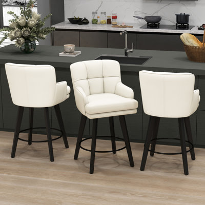 26''H Upholstered 360°Swivel Counter Height Bar Stools, Wood Legs Kitchen Island Chairs