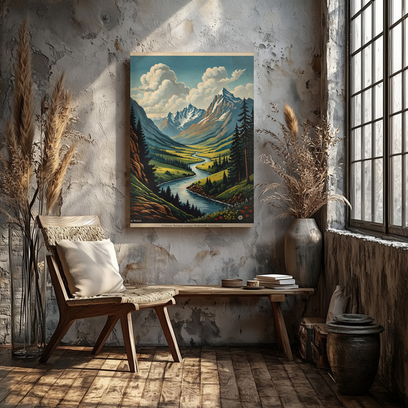 Toile, "Un paysage panoramique avec des montagnes imposantes avec des sommets enneigés", art mural sous un ciel dramatique