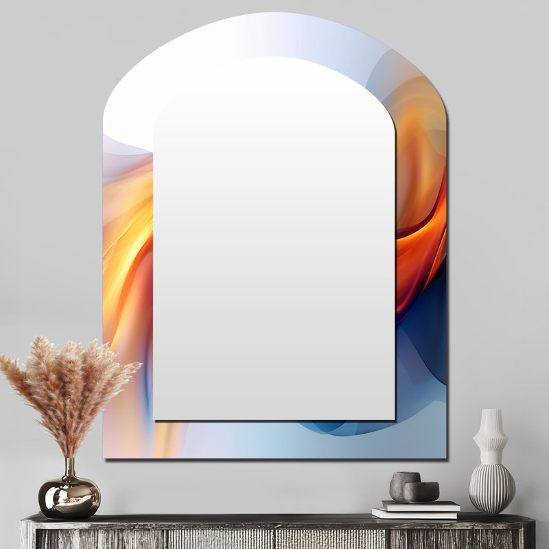 Orange orange bleu fractal I - fractales grand miroir mural asymétrique, miroir moderne arche unique, impression d'art en métal