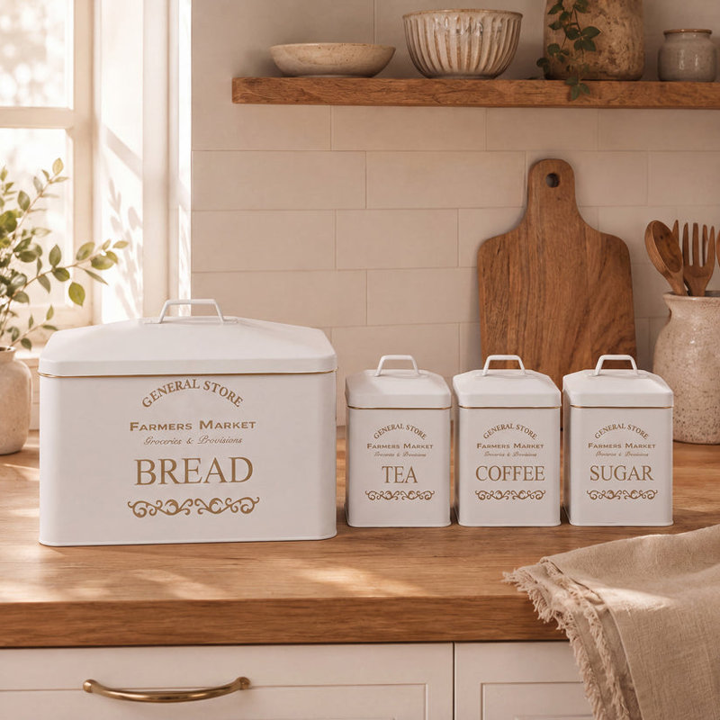 Bread Bin & Canister Sets Steel Canister, White/Gold
