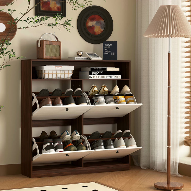 Armoire de rangement pour chaussures avec 4 tiroirs rabattables, armoire de rangement pour chaussures avec poignées en bois