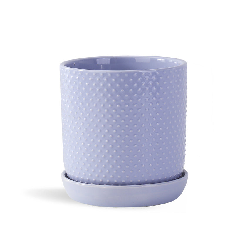 Pot cylindrique à pois avec soucoupe intégrée, pot moyen en céramique émaillée (lot de 6) - Intérieur/Extérieur