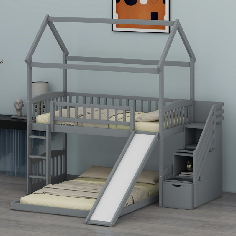 Lit superposé en forme de maison avec glissière intégrée et escalier de rangement, Gris