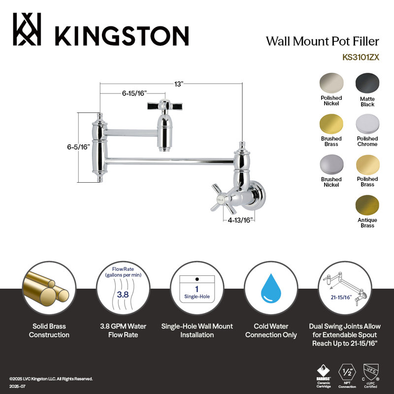 Kingston Brass Millennium Two-Handle 1-Hole Wall Mount Pot Filler Faucet, Antique Brass