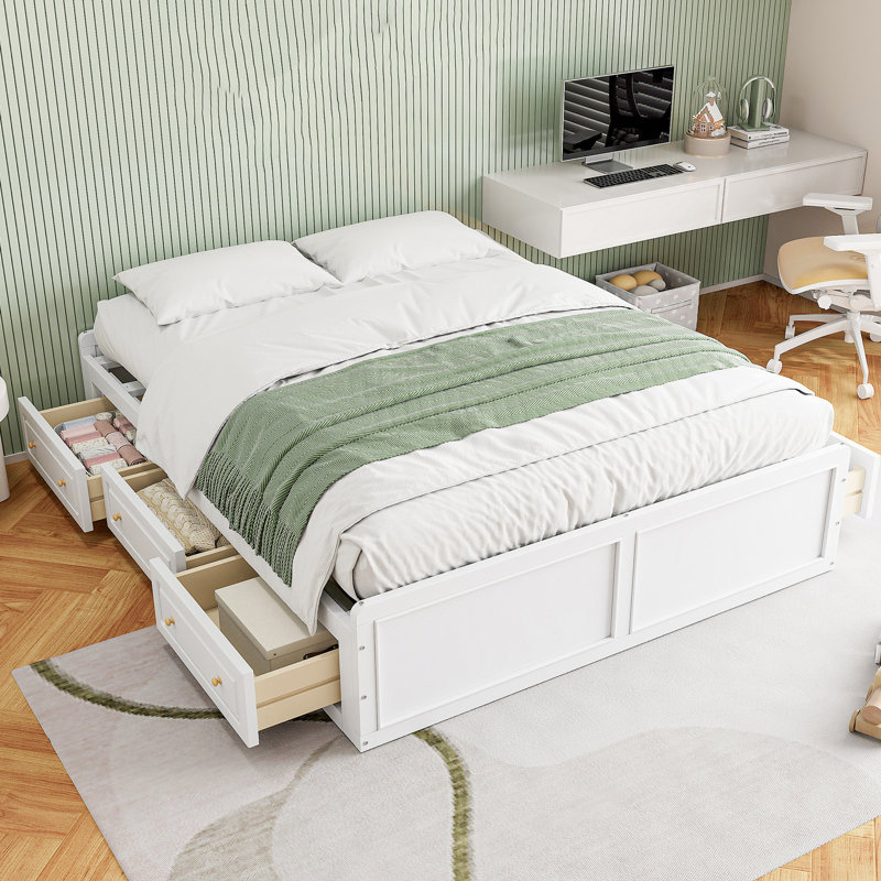Wood Queen Size Platform Bed Frame With 6 Drawers, White