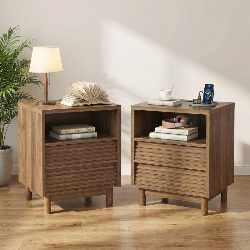Table de chevet avec prises intégrées et 2 tiroirs