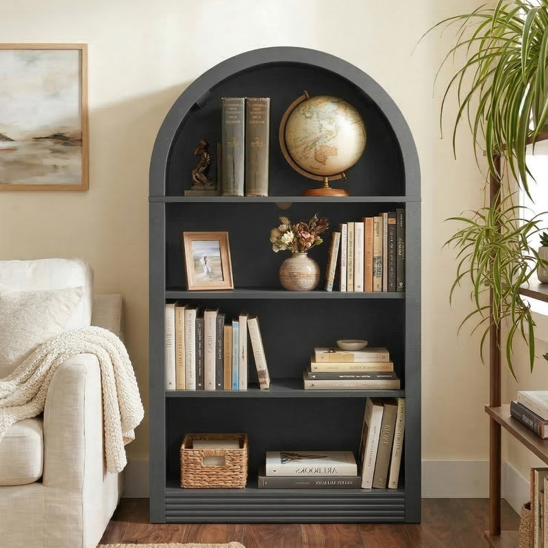 47.6" Small Bookcase Arched Bookshelf, Black