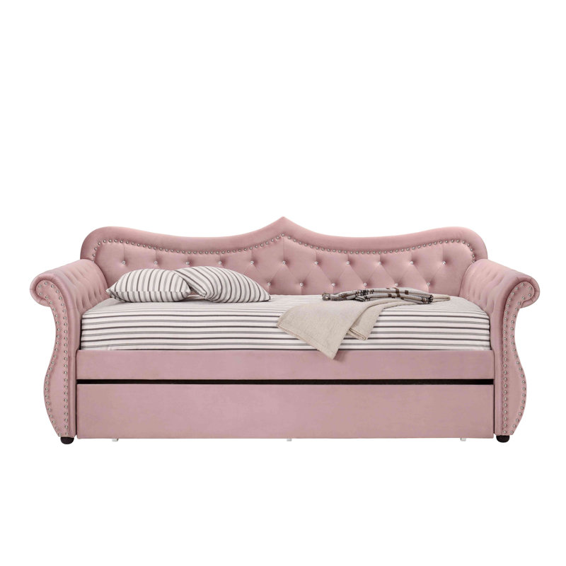 Adkins Velvet Daybed With Trundle, Pink Velvet