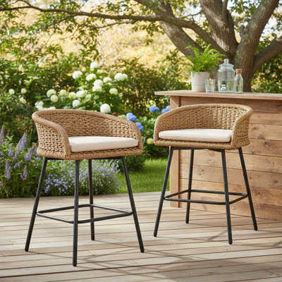 Outdoor Upholstered Bar Stools Set Of 2 With Removable Cushions Woven Counter Stools, Bar Height Patio Chairs For Garden Pool Lawn Backyard