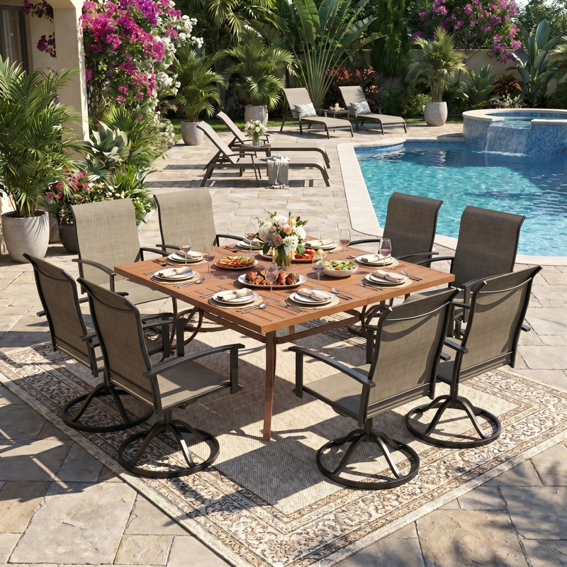 Ensemble repas d'extérieur carré pour 8 personnes avec fauteuils pivotants, Noyer/Noir/Brun