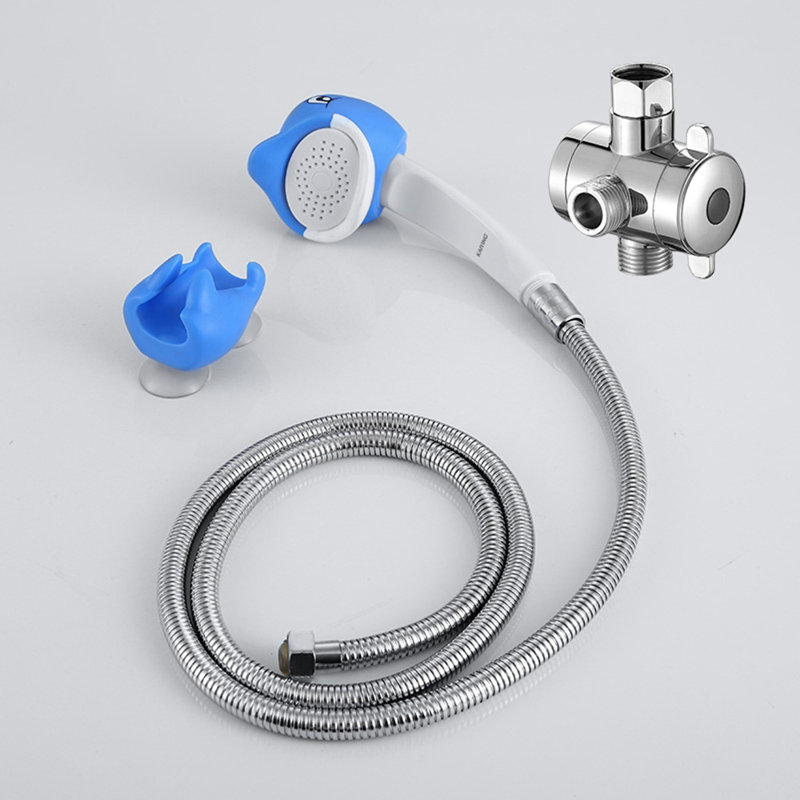 Pomme de douche à main pour enfant, pomme de douche pour enfant avec boyau et inverseur, Dollie, Bleu, Dollie
