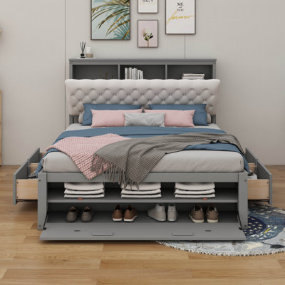 Lit en bois avec tête de lit avec rangement et 4 tiroirs, grand lit plateforme avec range-chaussures