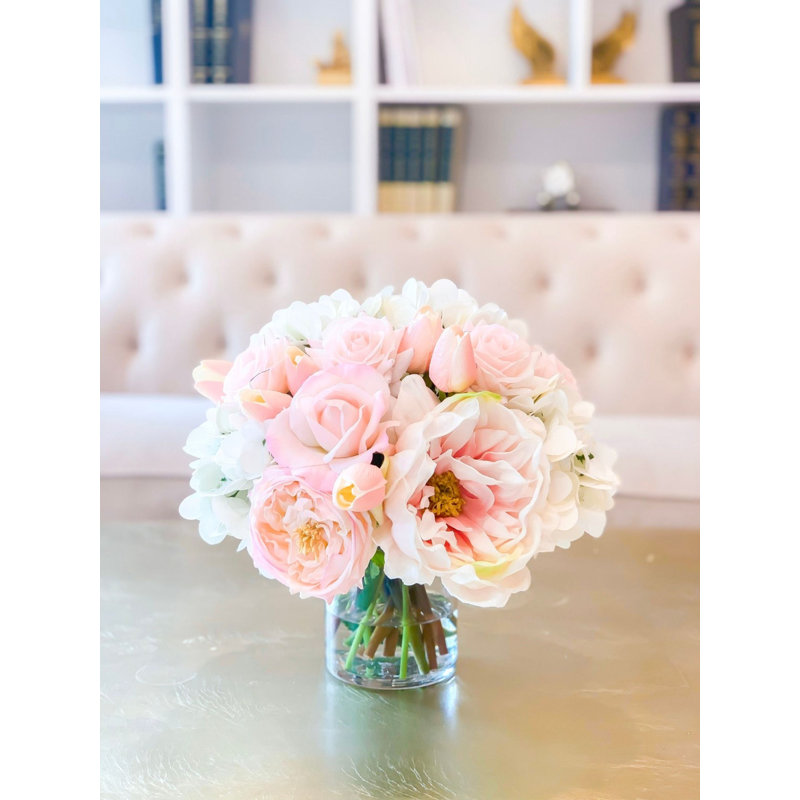 Real-Touch Pink Roses & White Hydrangeas Centerpiece