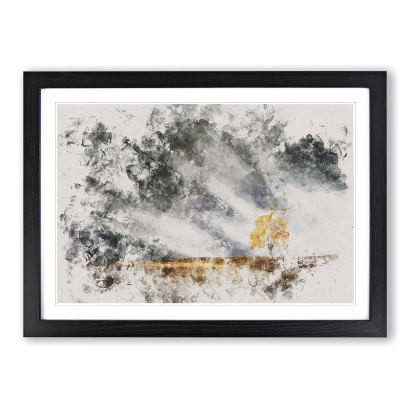 Lone Tree at Dusk Watercolour - Picture Frame Graphic Art Print, Black Framed, 62cm H x 87cm W x 2cm D