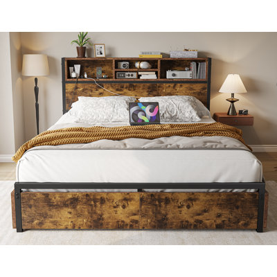 Weissmann Bed Frame with Bookcase Headboard, 6-Drawer Storage & Charging Station ,Full/Queen/King