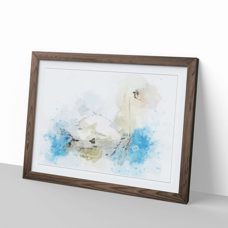 White Swan Art in Abstract - Picture Frame Painting Print, 40cm H x 60cm W x 2cm D, Walnut