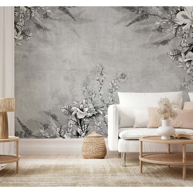 Papier peint floral gris avec aquarelle, L 49,92 po x l 75 po