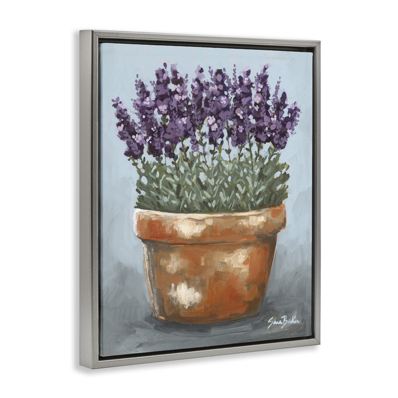 Cadre flottant en pot lavande et herbes, design par Sara Baker, H 21 po x l 17 po, Cadre flottant gris lustré